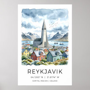 Impression aquarelle de Reykjavik, Hallgrímskirkja