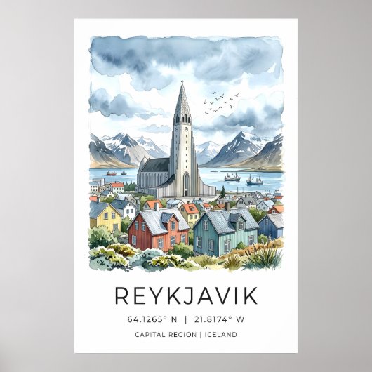 Impression aquarelle de Reykjavik, Hallgrímskirkja (Devant)