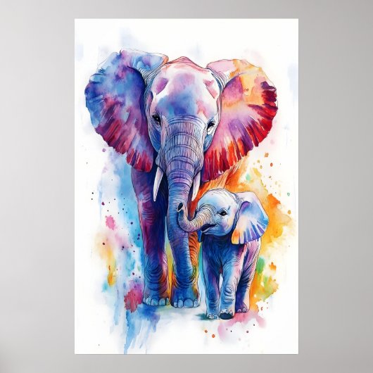 Impression aquarelle Maman Éléphant et Bébé, Nurse (Devant)