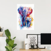 Impression aquarelle Maman Éléphant et Bébé, Nurse (Bureau à domicile)