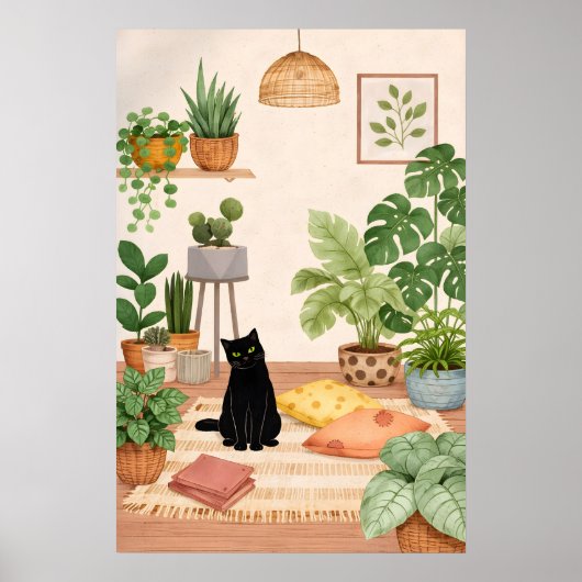 Impression botanique de chat noir, mur de plantes (Devant)