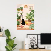 Impression botanique de chat noir, mur de plantes (Bureau à domicile)