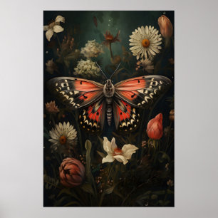 Impression botanique de papillon rose, floral vint