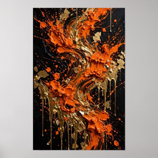 Impression d'art abstrait Orange Noir Or Feu (Devant)