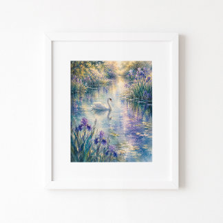 Impression d'art aquarelle Cygne parmi les iris