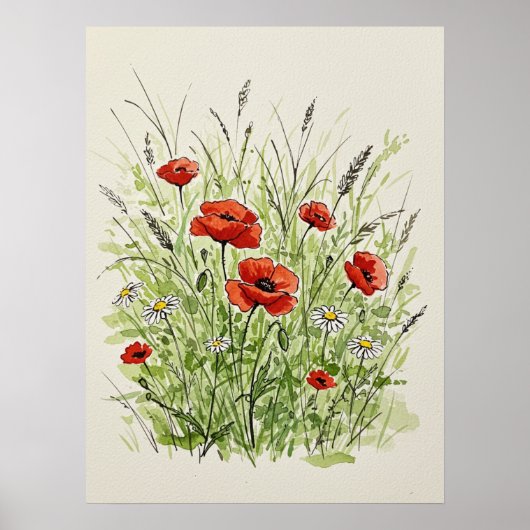 Impression d'art aquarelle de coquelicots et de ma (Devant)