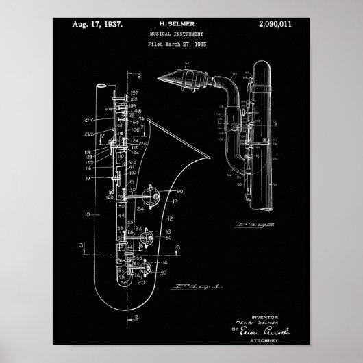 Impression d'art de brevet de saxophone vintage (Devant)