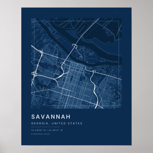 Impression d'art de carte de la ville de Savannah (Devant)