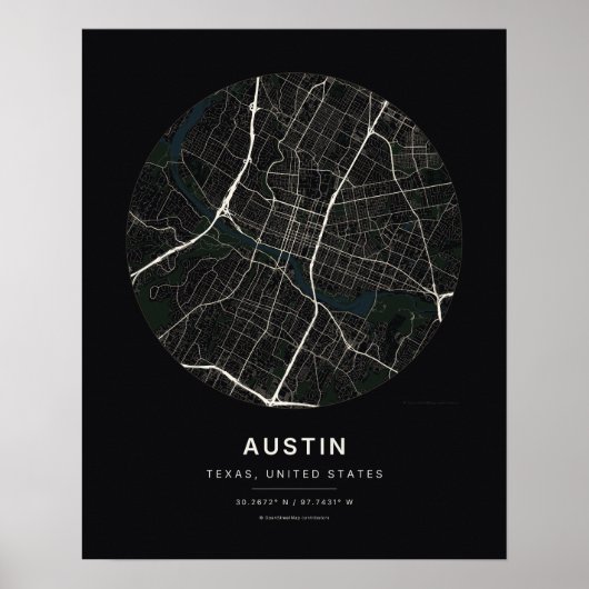 Impression d'art de carte de ville noire d'Austin (Devant)