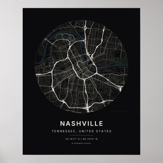 Impression d'art de carte de ville noire de Nashvi (Devant)