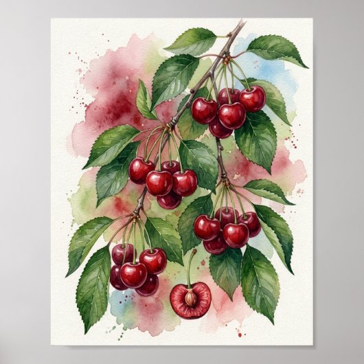 Impression d'art de cerises à l'aquarelle vibrante (Devant)