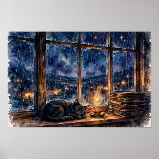 Impression d'art de chat Lofi de minuit — Affiche
