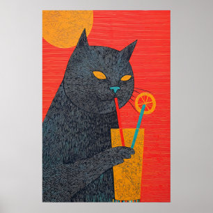 Impression d'art de chat noir buvant du jus Giclée