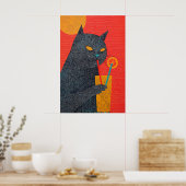 Impression d'art de chat noir buvant du jus Giclée (Cuisine)