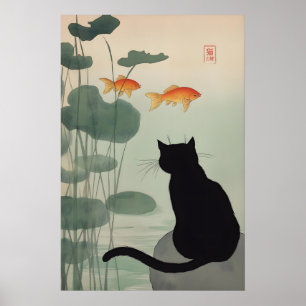 Impression d'art de chat noir japonais Étang & Poi