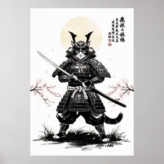 Impression d'art de chat samouraï avec épée katana (Devant)