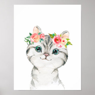 Impression d'art de chaton aux fleurs aquarelles