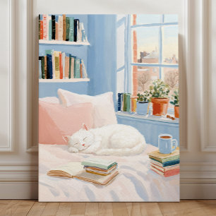 Impression d'art de coin de lecture de chat blanc