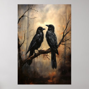 Impression d'art de corbeau gothique, forêt sombre