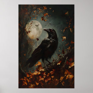Impression d'art de corbeau sous la pleine lune en