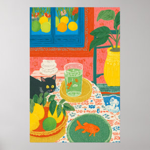 Impression d'art de cuisine de chat et de poisson 