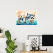Impression d'art de dauphins à l'aquarelle (Bureau à domicile)