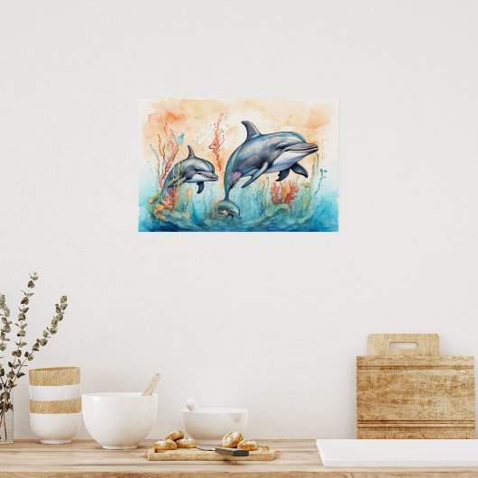 Impression d'art de dauphins à l'aquarelle (Cuisine)