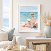 Impression d'art de fille lisant au bord de la mer