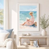 Impression d'art de fille lisant au bord de la mer
