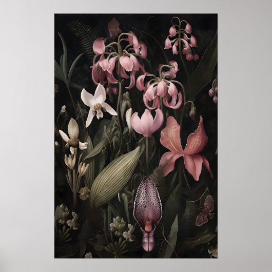 Impression d'art de fleurs roses tropicales, Dark (Devant)