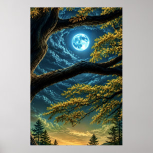 Impression d'art de la nuit de lune bleue lumineus