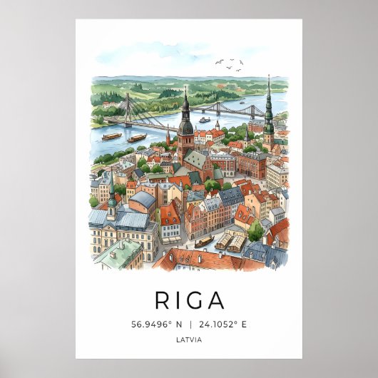 Impression d'art de la skyline de Riga aquarelle ( (Devant)