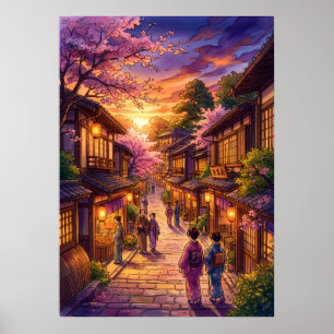 Impression d'art de paysage de rue de kimono vinta