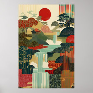 Impression d'art de paysage japonais Soleil rouge,
