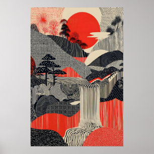 Impression d'art de paysage japonais Soleil rouge