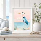 Impression d'art de plage au héron côtier pastel