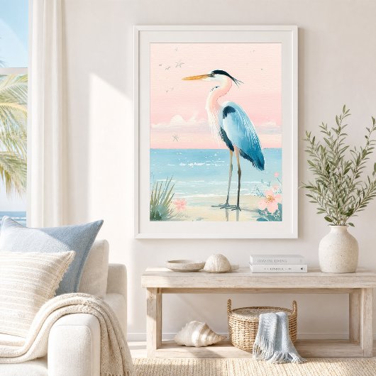 Impression d'art de plage au héron côtier pastel
