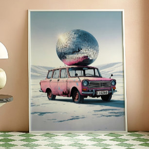 Impression d'art de voiture vintage rose avec boul