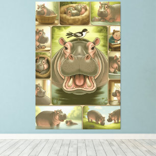 Impression d'art d'Hippopotame joueur & Oiseau – 1
