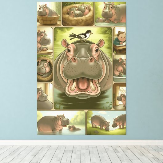 Impression d'art d'Hippopotame joueur & Oiseau – 1 (Insitu (Plancher de Bois))