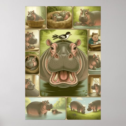 Impression d'art d'Hippopotame joueur & Oiseau – 1 (Devant)