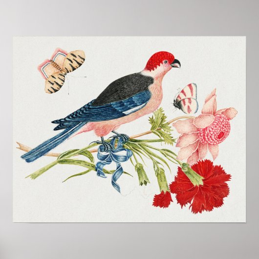 Impression d'art floral papillon oiseau rose vinta (Devant)