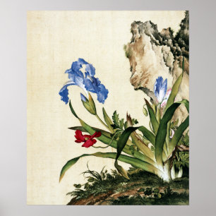 Impression d'art Iris Bleu Vintage et Rocher du Le