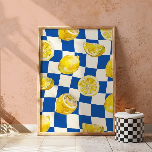 Impression d'art mural au citron à damier bleu