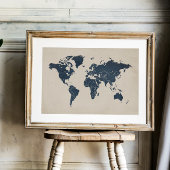 Impression d'art mural de carte du monde bleu mari