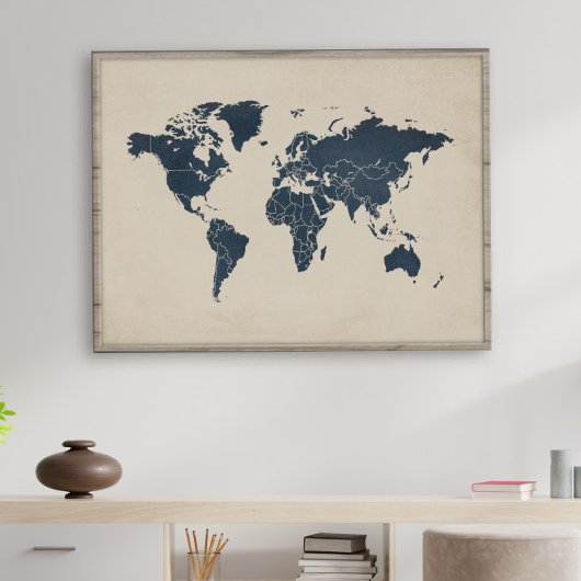 Impression d'art mural de carte du monde bleu mari