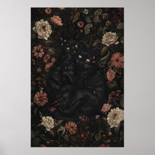 Impression d'art vintage de chats noirs floraux, D