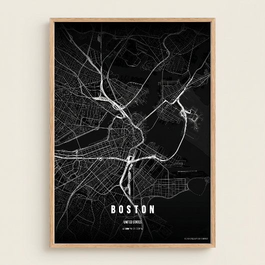 Impression de carte noire de Boston, Massachusetts