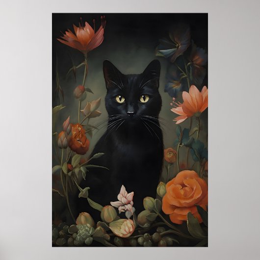 Impression de chat noir à fleurs, Affiche de chat (Devant)