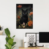 Impression de chat noir à fleurs, Affiche de chat (Bureau à domicile)